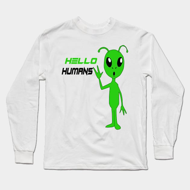 Hello Humans Green Alien Cartoon Long Sleeve T-Shirt by Tee Love Co. 